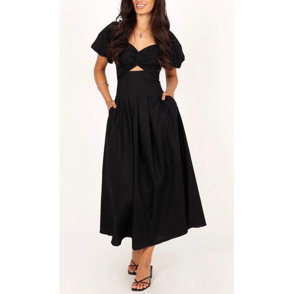 Petal & Pup Maria Cutout Puff Sleeve Midi Dress Black Linen Blend M Cottagecore